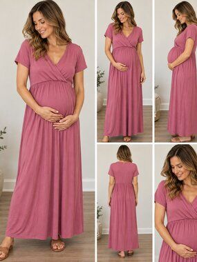 Dusty Rose Pink Maternity-Friendly Maxi Dress Short Sleeve Wrap V-Neck